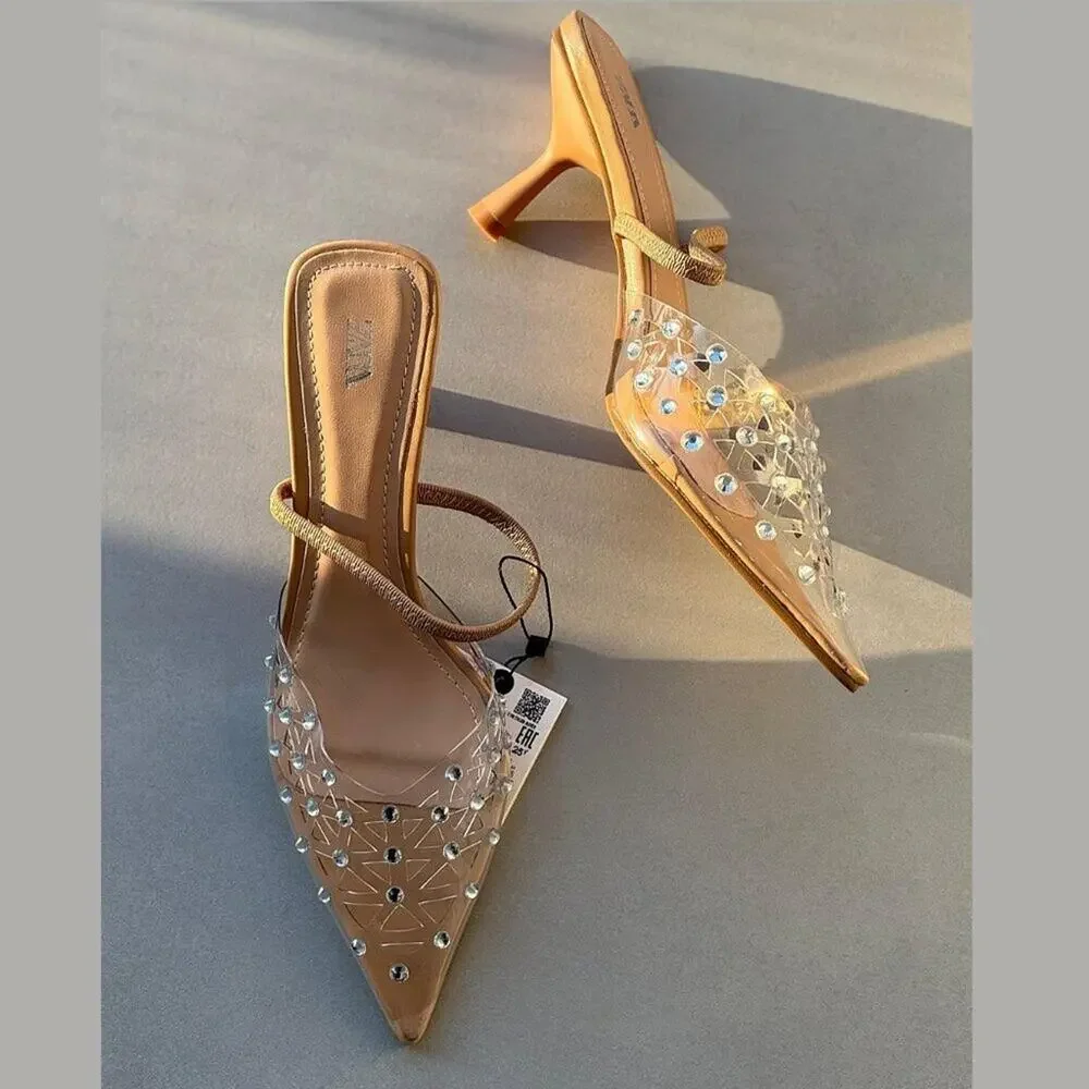 ZARA Rhinestone Slingback Heels NWT Clear Vinyl Pointed Toe Bridal Shoes Size 8